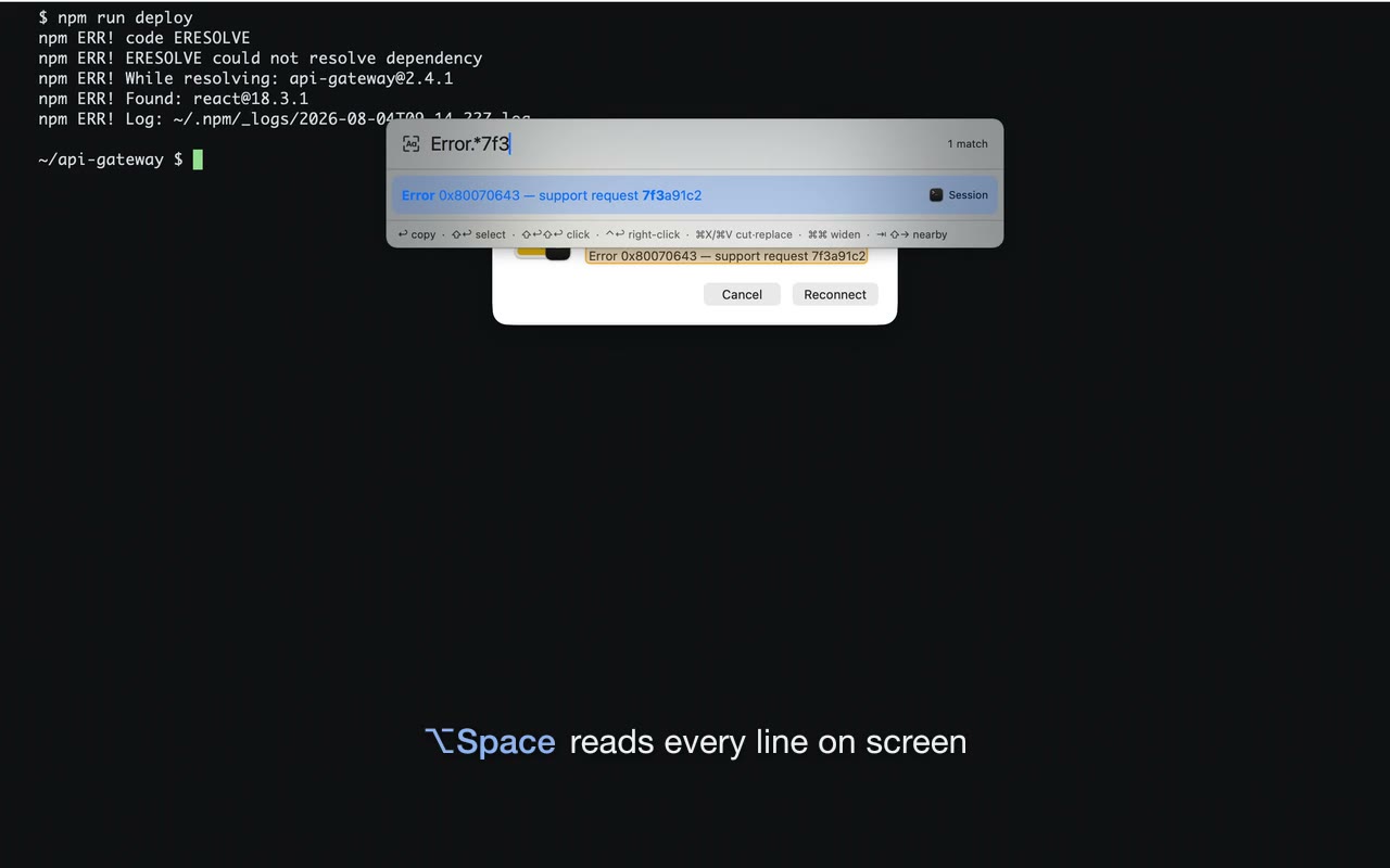 Textracto's palette open over a macOS alert, with the error code highlighted inside it
